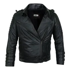 Men Black Motorcycle Leather Jacket with Two Belts and Three Sleeve Straps