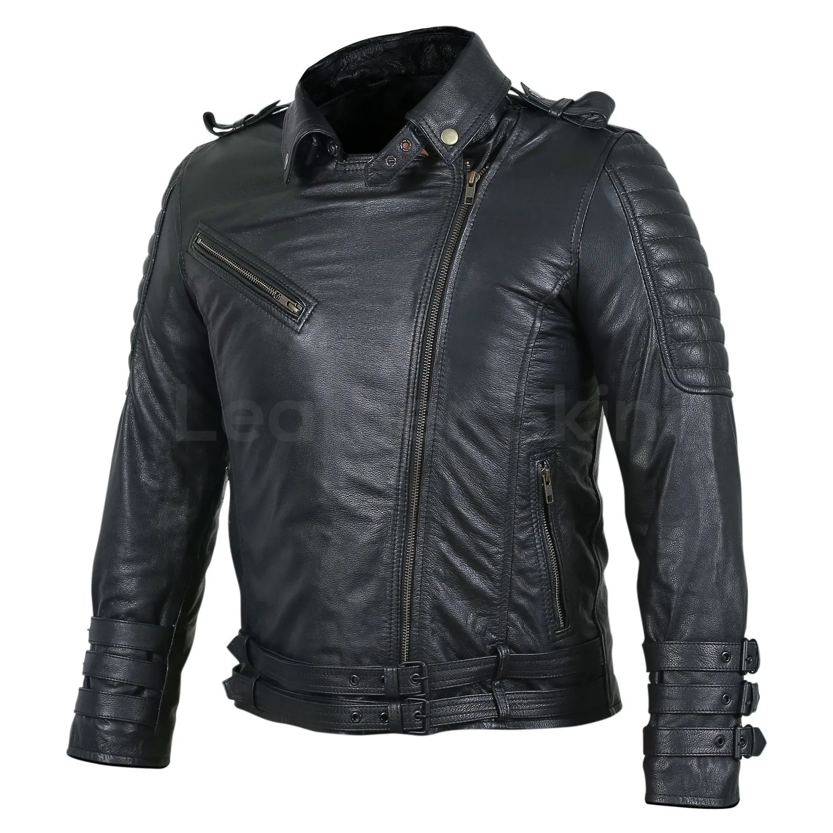 Men Black Motorcycle Leather Jacket with Two Belts and Three Sleeve Straps