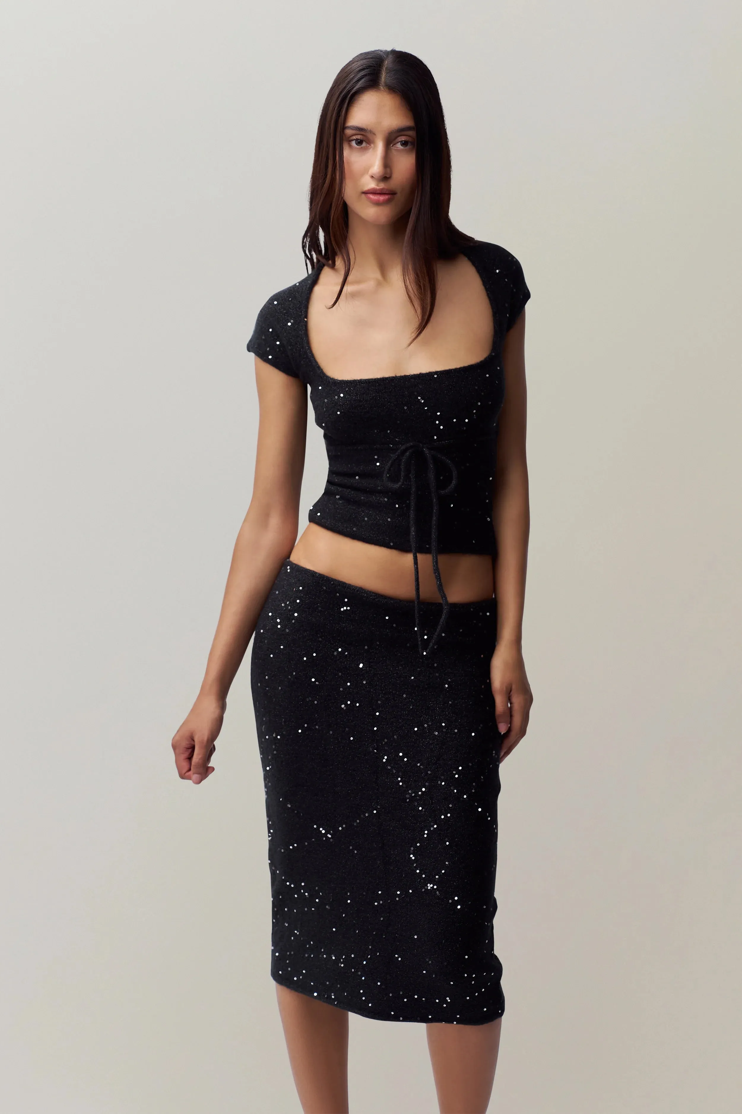 Miki Sequin Knit Midi Skirt in Black