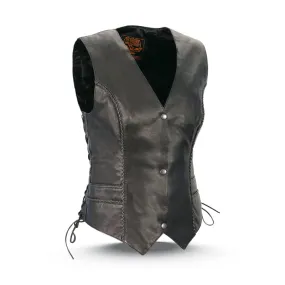 Milwaukee Leather bfr 4560 Ladies Black Braided Leather Vest with Side Laces