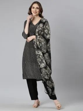Neerus Black Regular Straight Striped Kurta And  Trousers With Dupatta