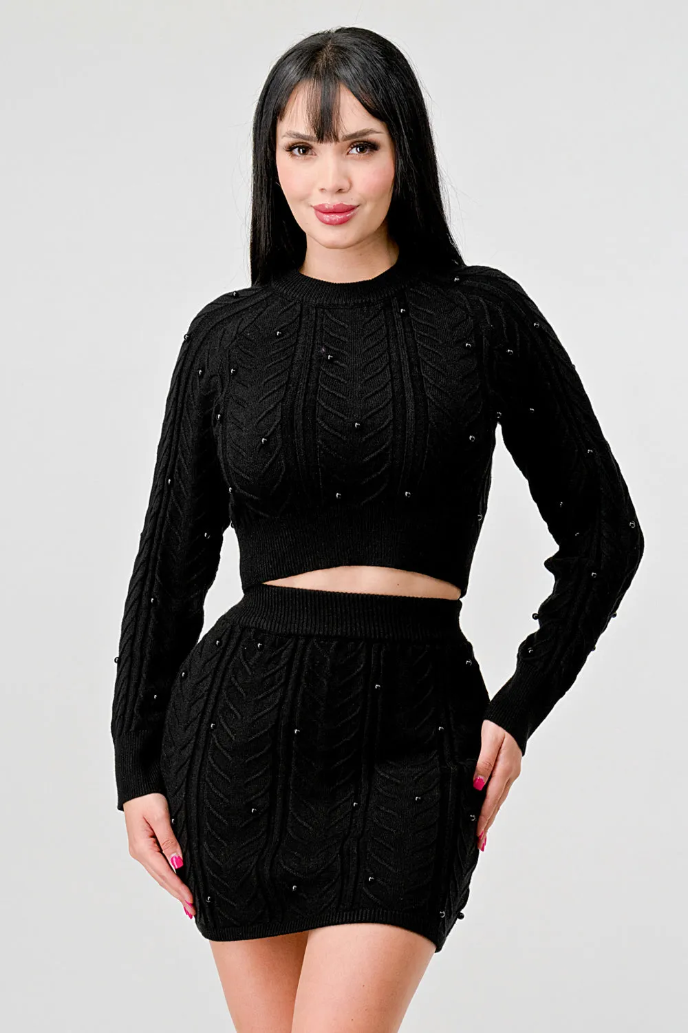 PEARL CABLE KNIT SWEATER CROP TOP & MINI SKIRT SET