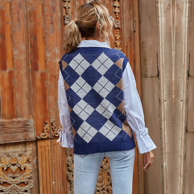 PEOPLETERRITORY Cross-border Popular trade 2025 women's clothing v-neck rhombus knitted sweater popular autumn retro college style V-neck vest