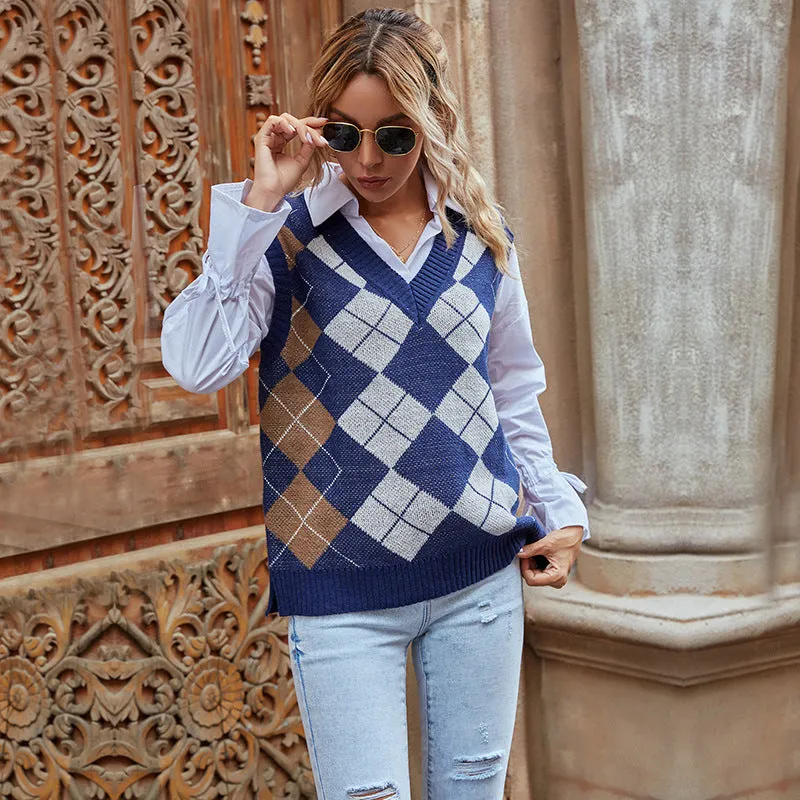 PEOPLETERRITORY Cross-border Popular trade 2025 women's clothing v-neck rhombus knitted sweater popular autumn retro college style V-neck vest