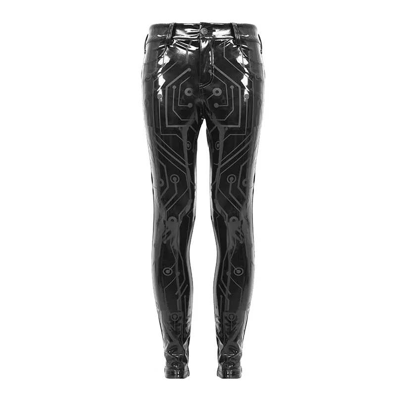PT133 Cyber punk circuit printed high quality stretchy glazed leather men tight trousers