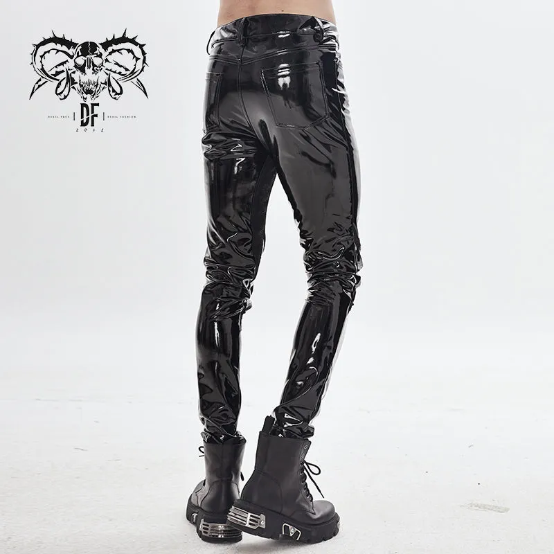 PT133 Cyber punk circuit printed high quality stretchy glazed leather men tight trousers