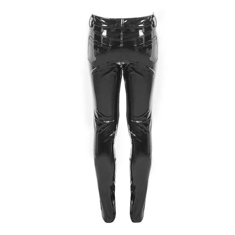 PT133 Cyber punk circuit printed high quality stretchy glazed leather men tight trousers