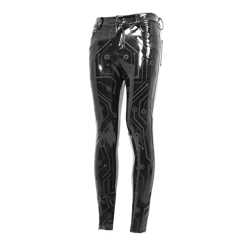 PT133 Cyber punk circuit printed high quality stretchy glazed leather men tight trousers