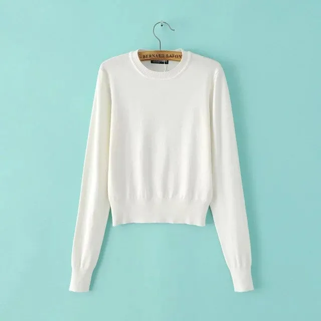 Pure Color Long Sleeves Scoop Short Crop Sweater