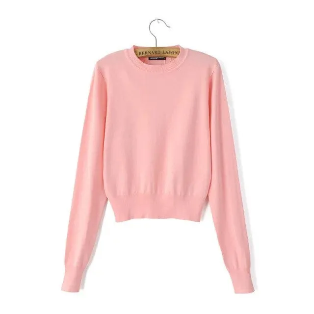 Pure Color Long Sleeves Scoop Short Crop Sweater