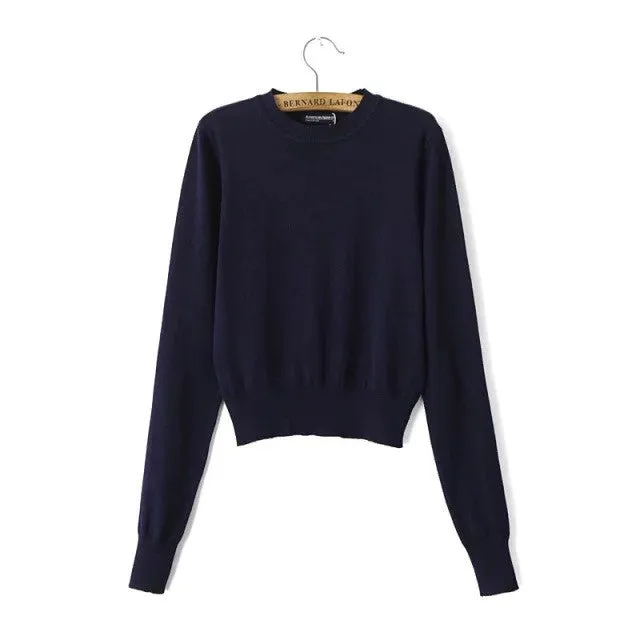 Pure Color Long Sleeves Scoop Short Crop Sweater