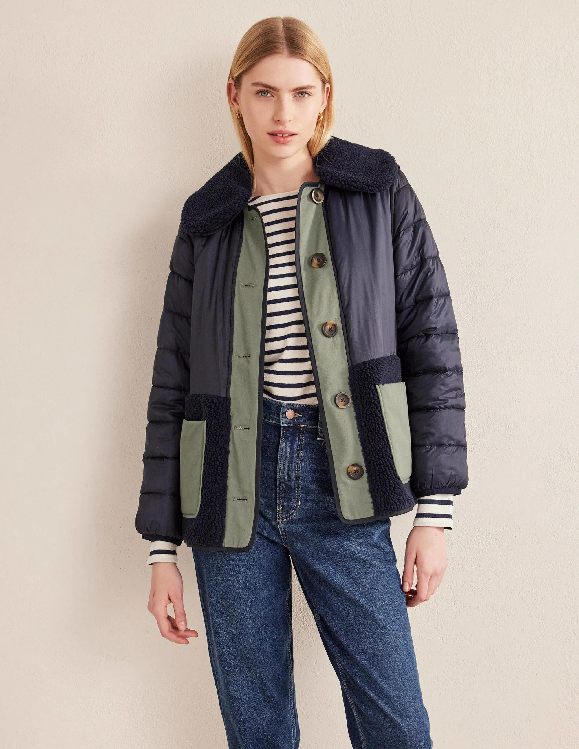 Quilted Borg Jacket-Navy