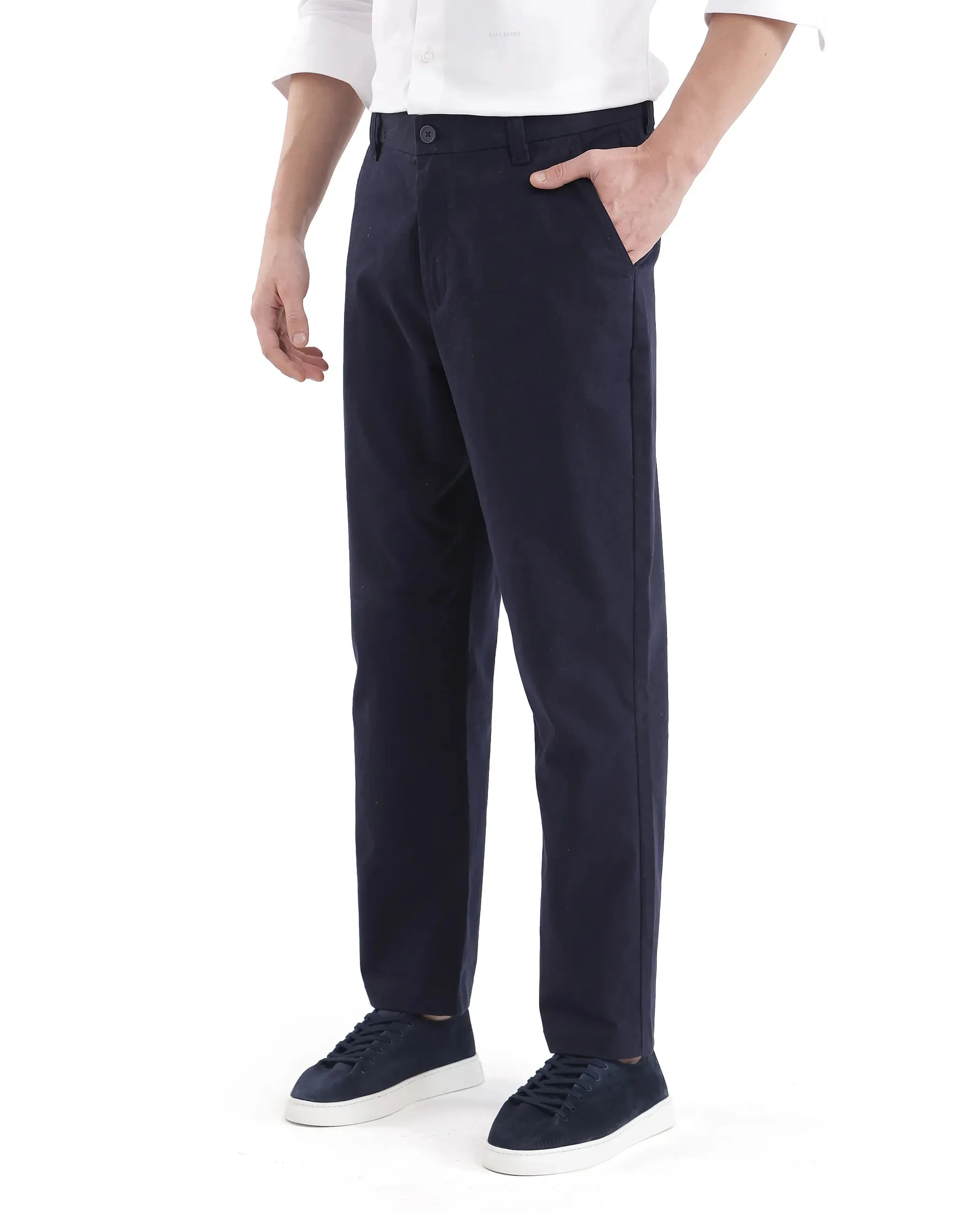 Rare Rabbit Men Oren Navy Cotton Fabric Mid Rise Straight Fit Solid Trouser