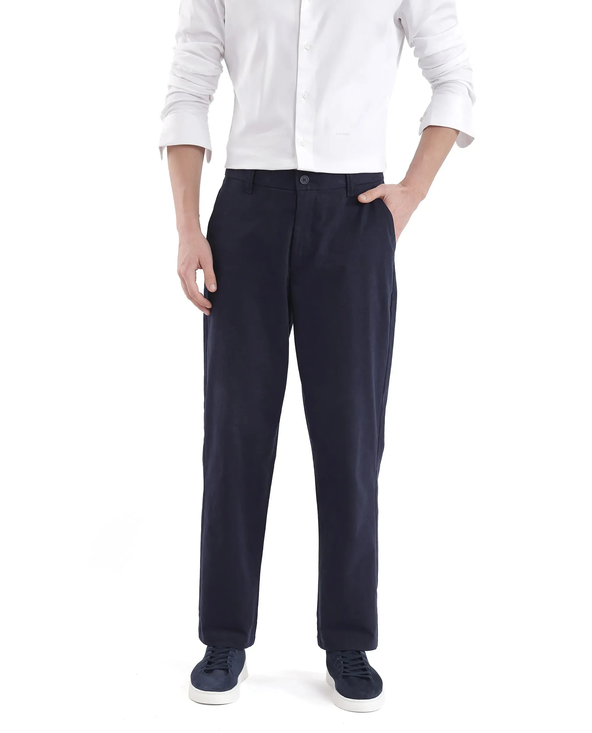 Rare Rabbit Men Oren Navy Cotton Fabric Mid Rise Straight Fit Solid Trouser
