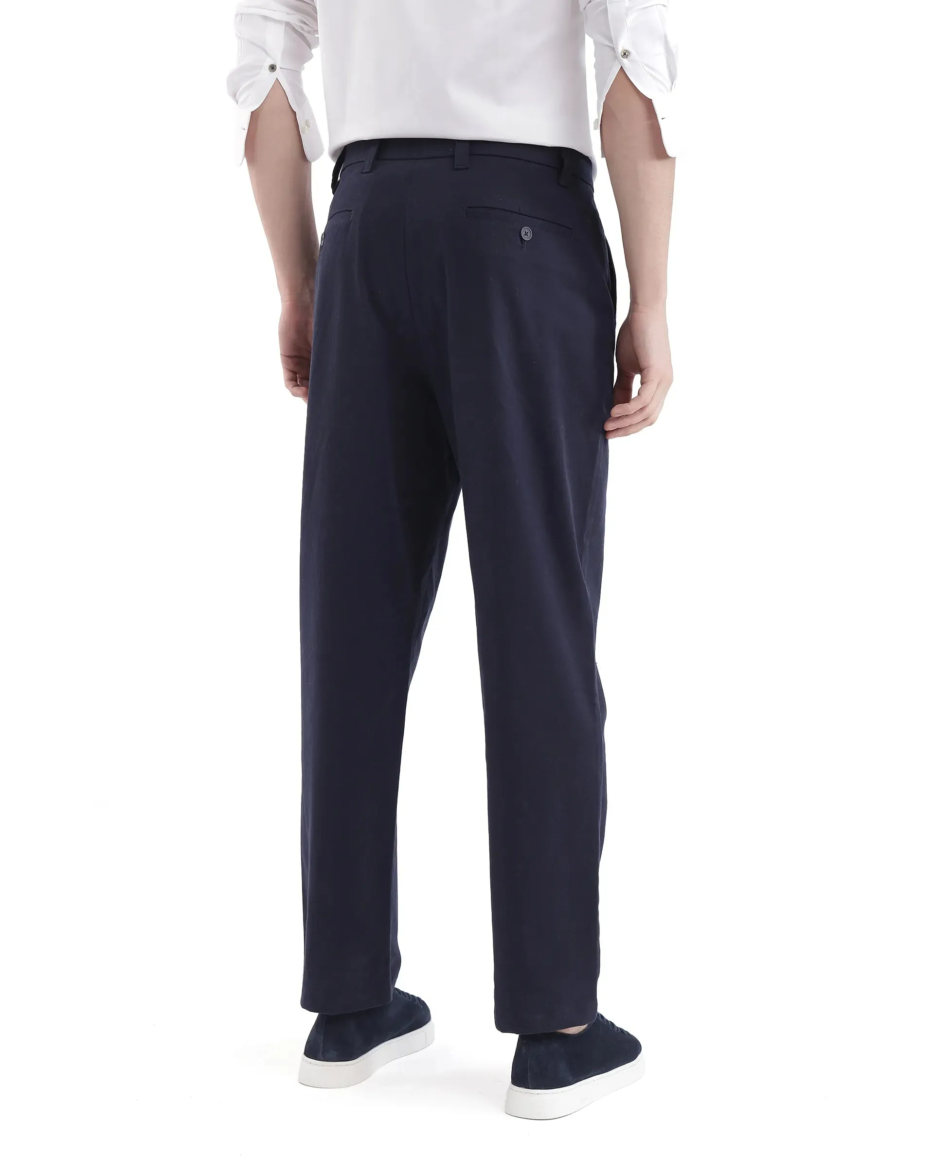 Rare Rabbit Men Oren Navy Cotton Fabric Mid Rise Straight Fit Solid Trouser