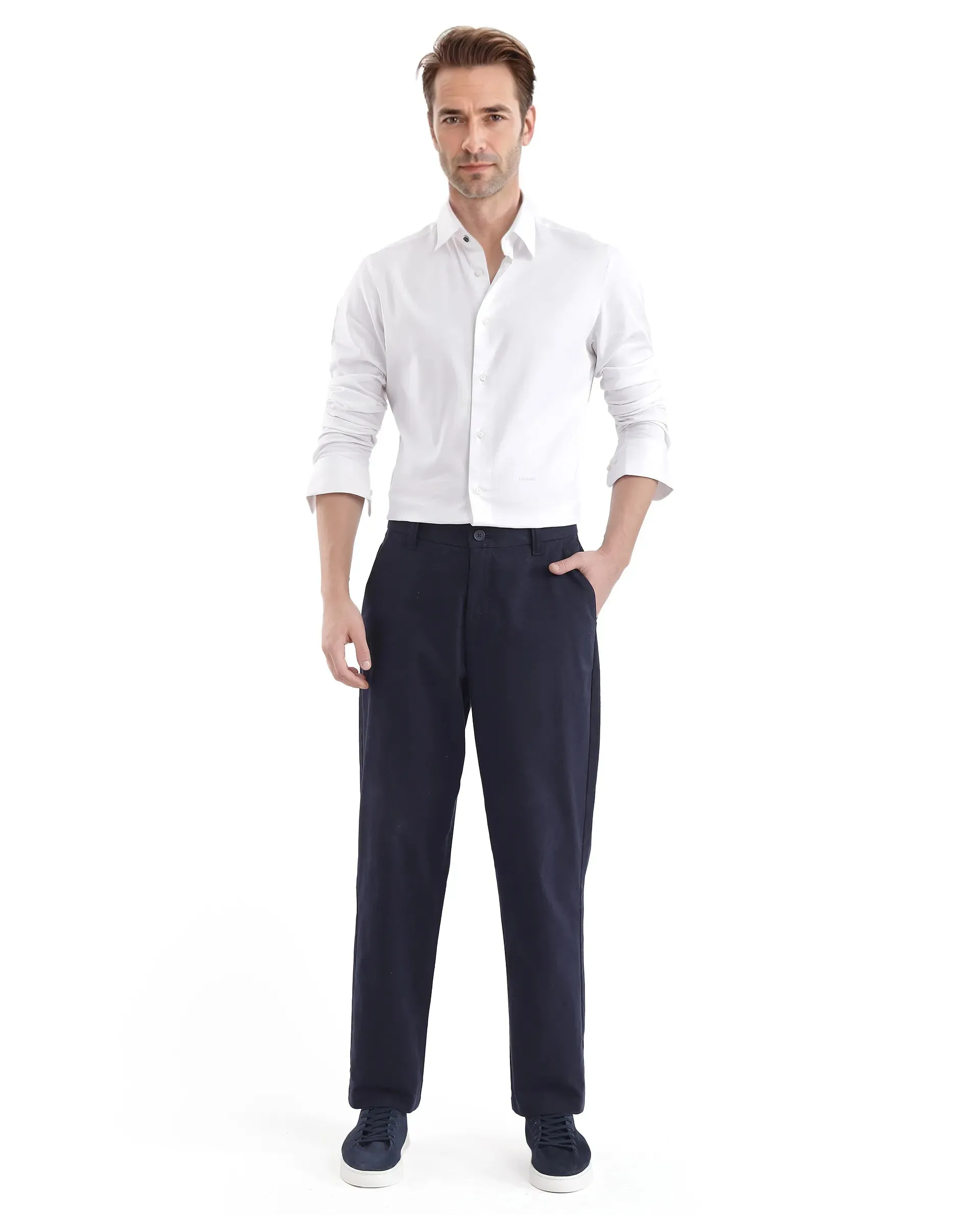 Rare Rabbit Men Oren Navy Cotton Fabric Mid Rise Straight Fit Solid Trouser