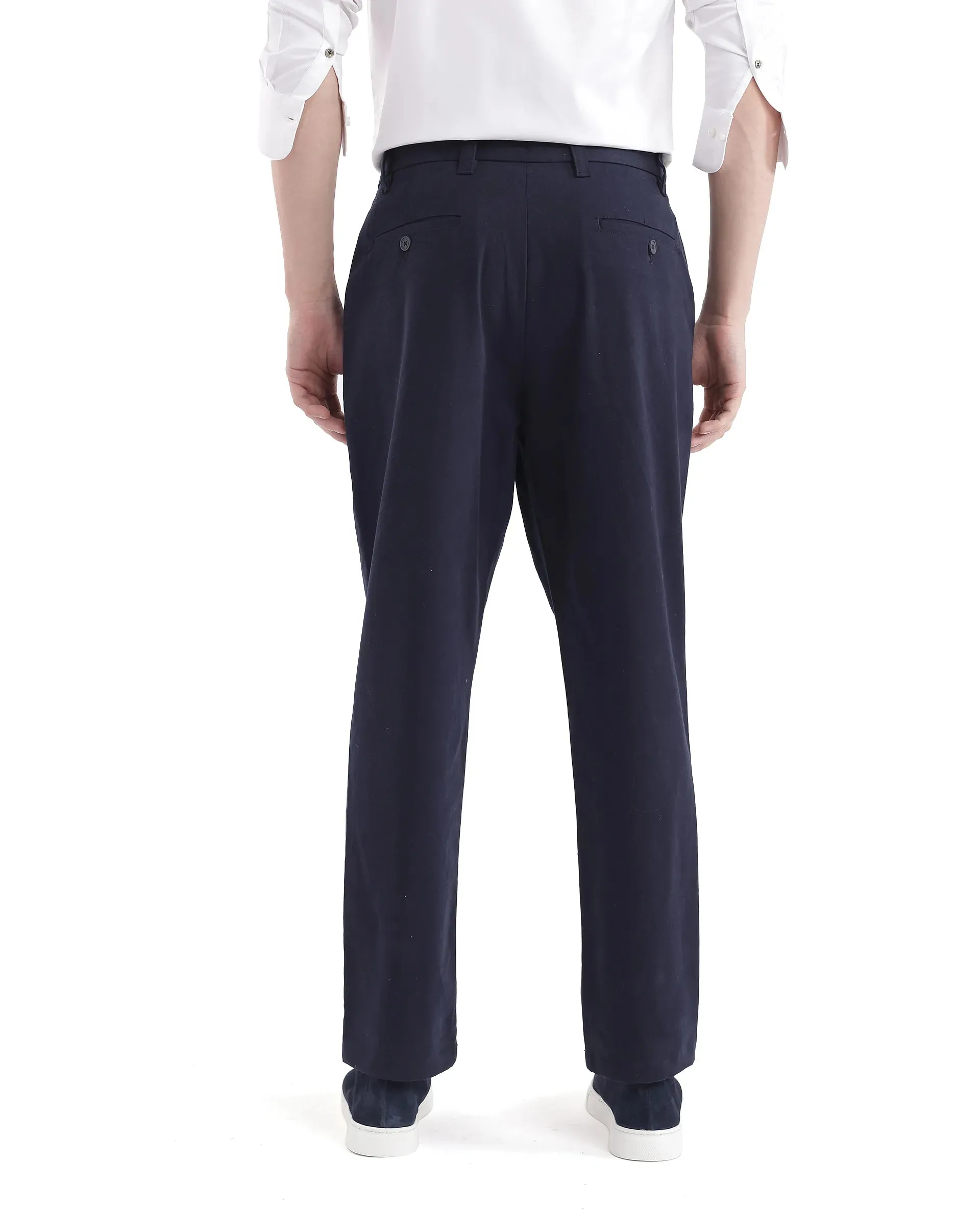 Rare Rabbit Men Oren Navy Cotton Fabric Mid Rise Straight Fit Solid Trouser