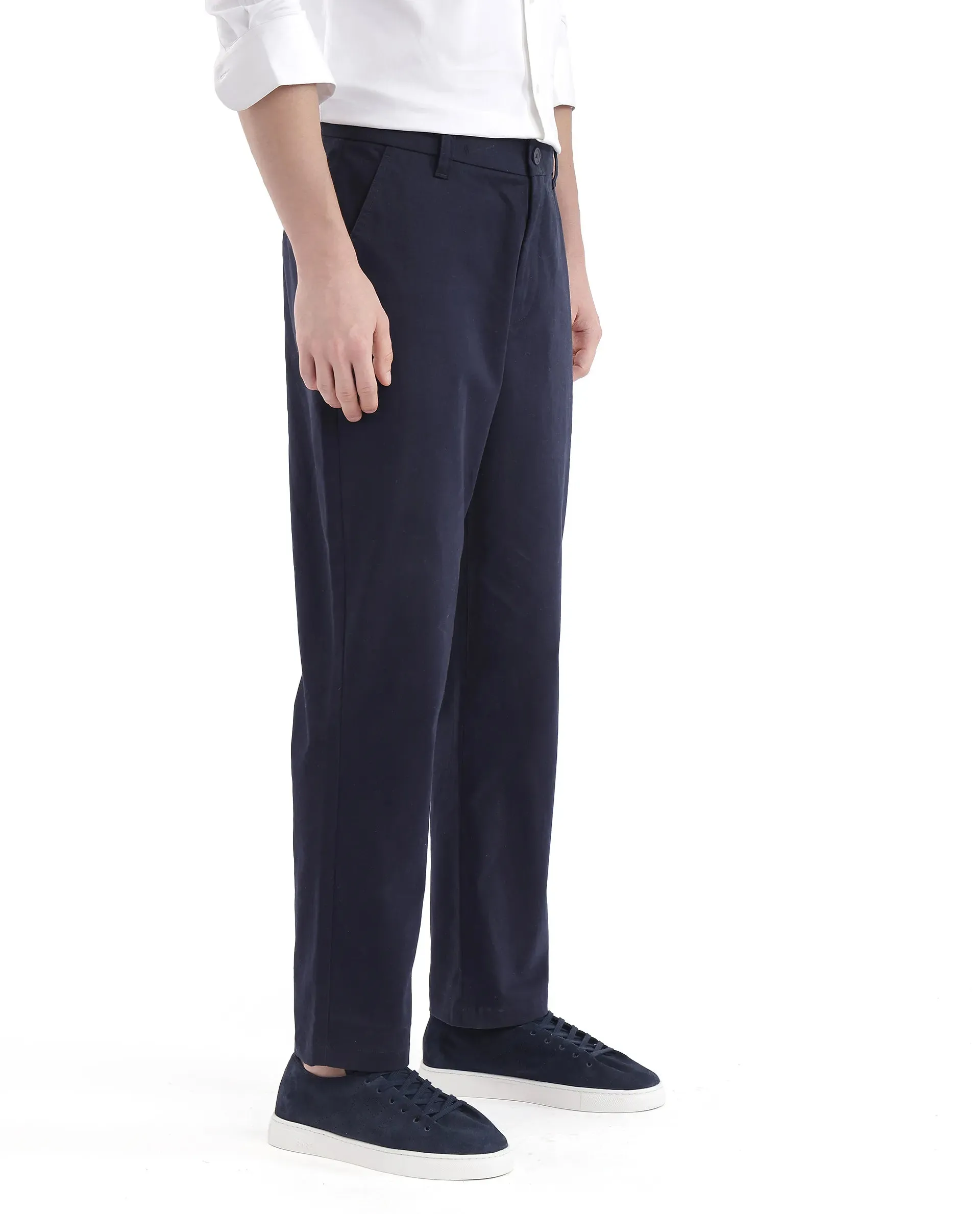 Rare Rabbit Men Oren Navy Cotton Fabric Mid Rise Straight Fit Solid Trouser