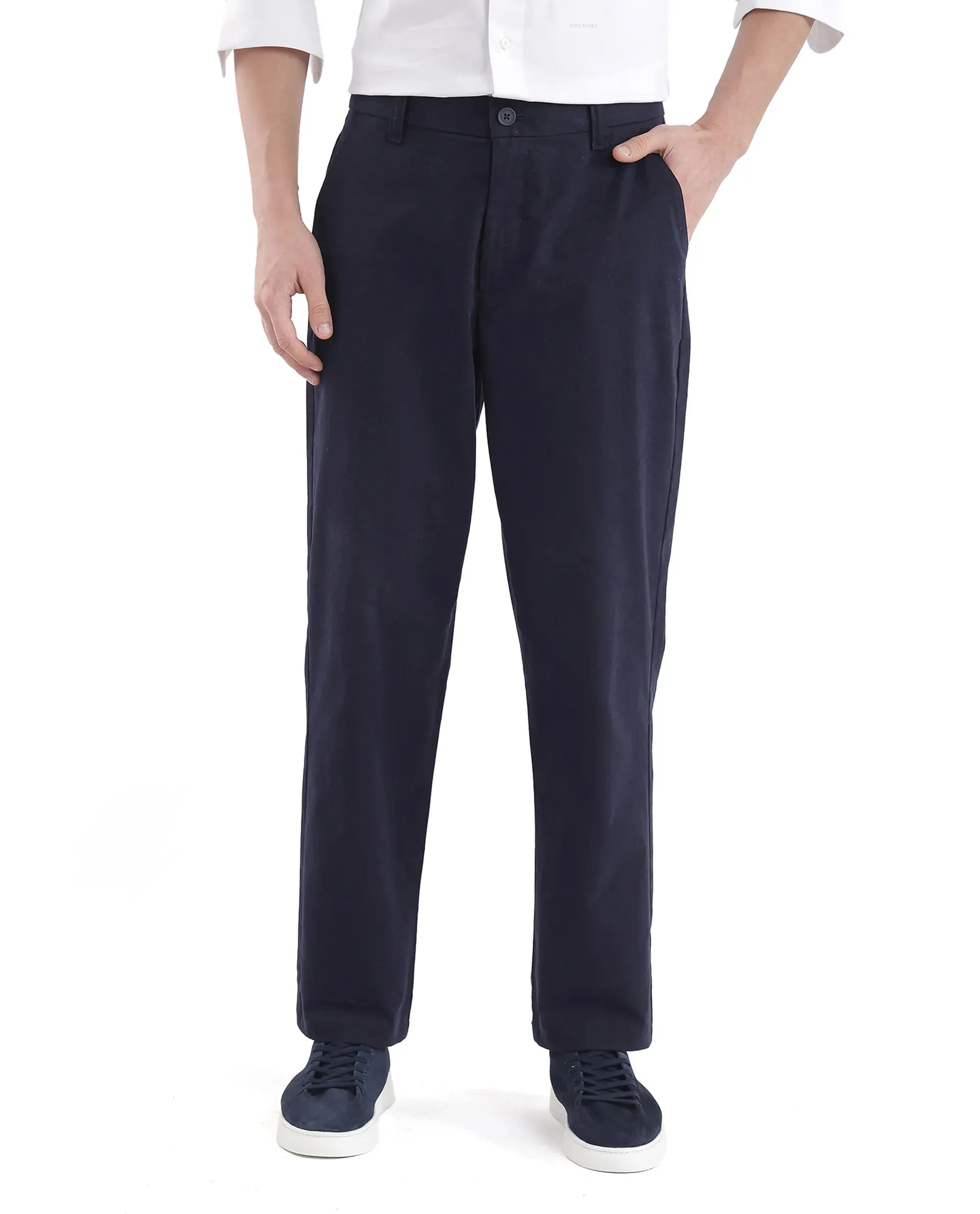 Rare Rabbit Men Oren Navy Cotton Fabric Mid Rise Straight Fit Solid Trouser