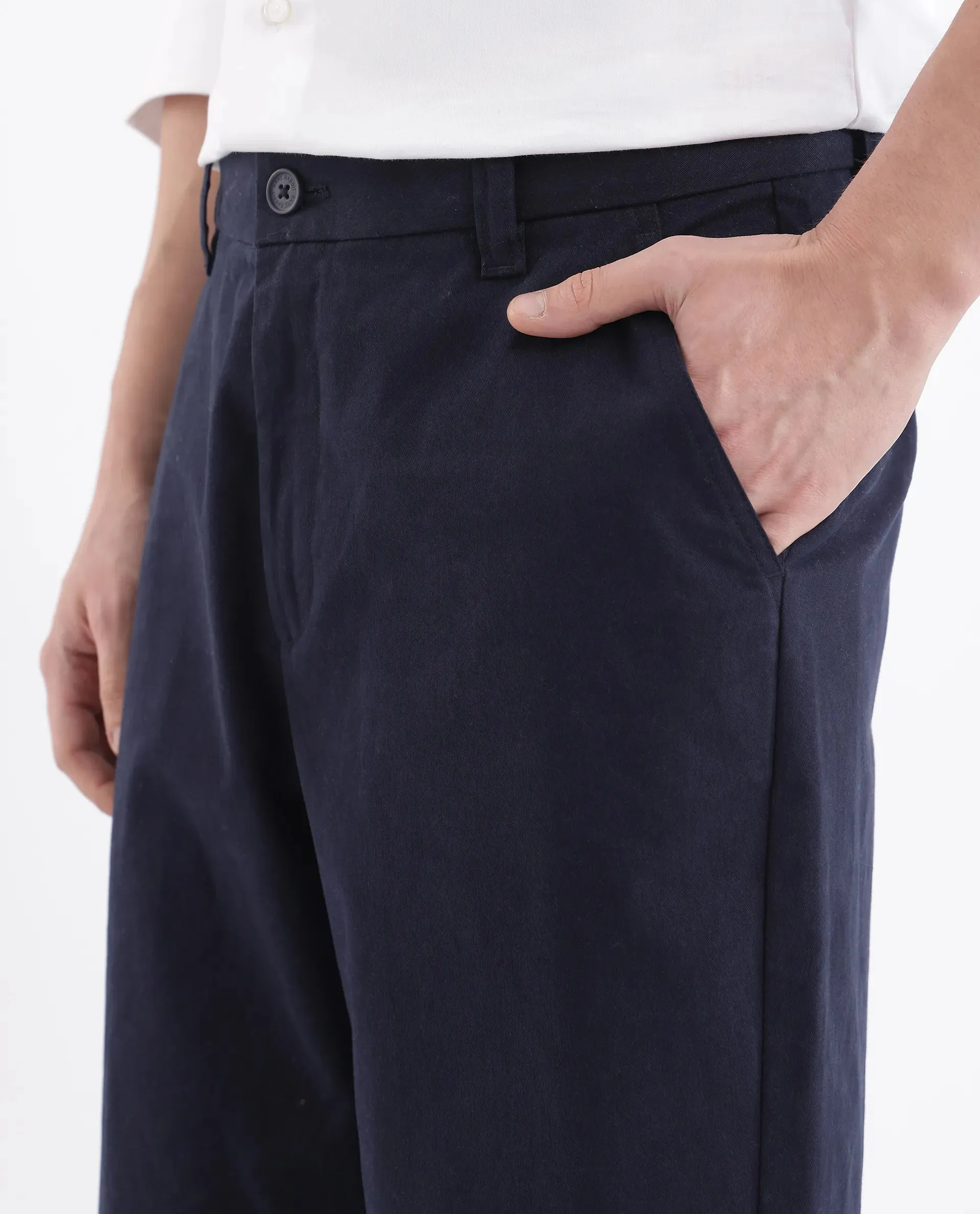 Rare Rabbit Men Oren Navy Cotton Fabric Mid Rise Straight Fit Solid Trouser
