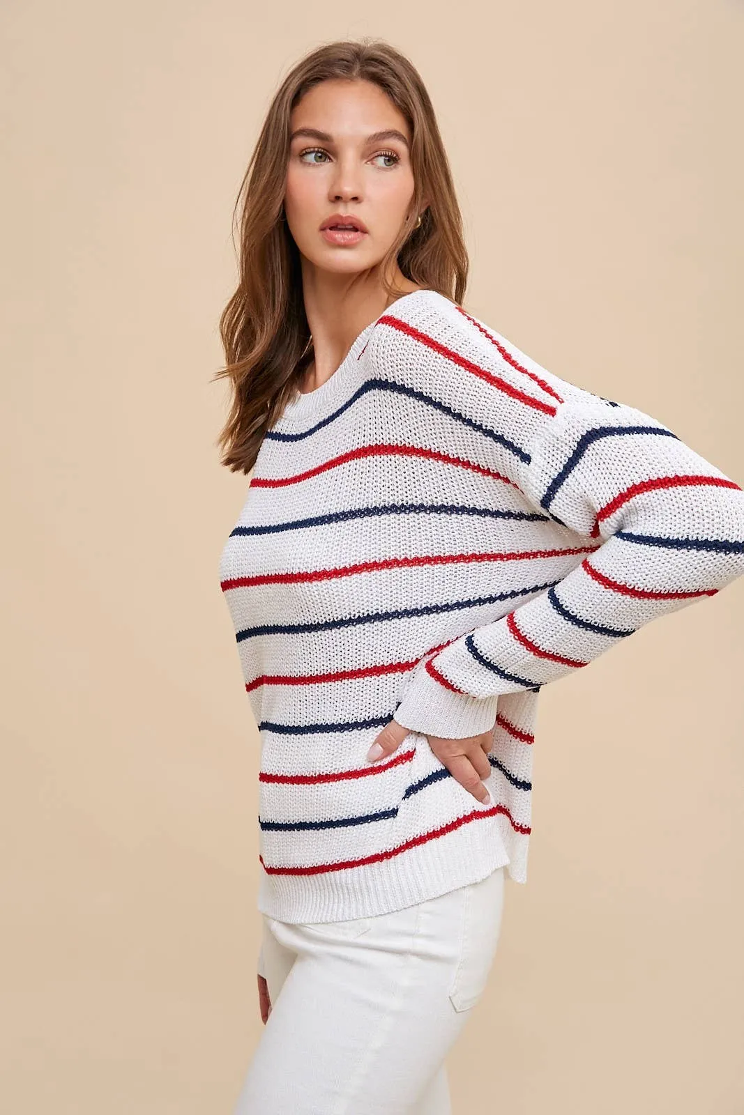 Red & Blue Striped Sweater Top