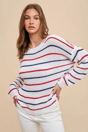 Red & Blue Striped Sweater Top