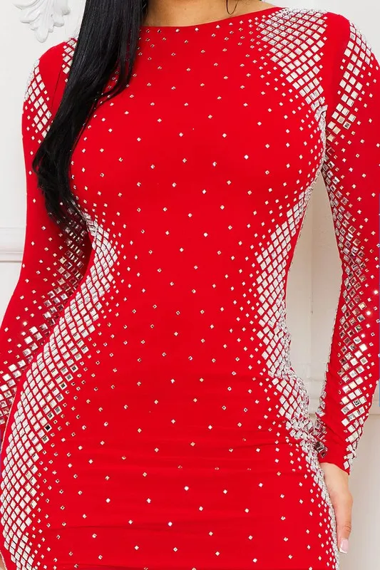 Red Long Sleeve Rhinestone Mini Dress