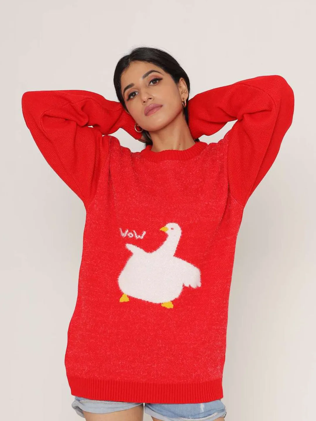 Red Self-Design Wool Pullover
