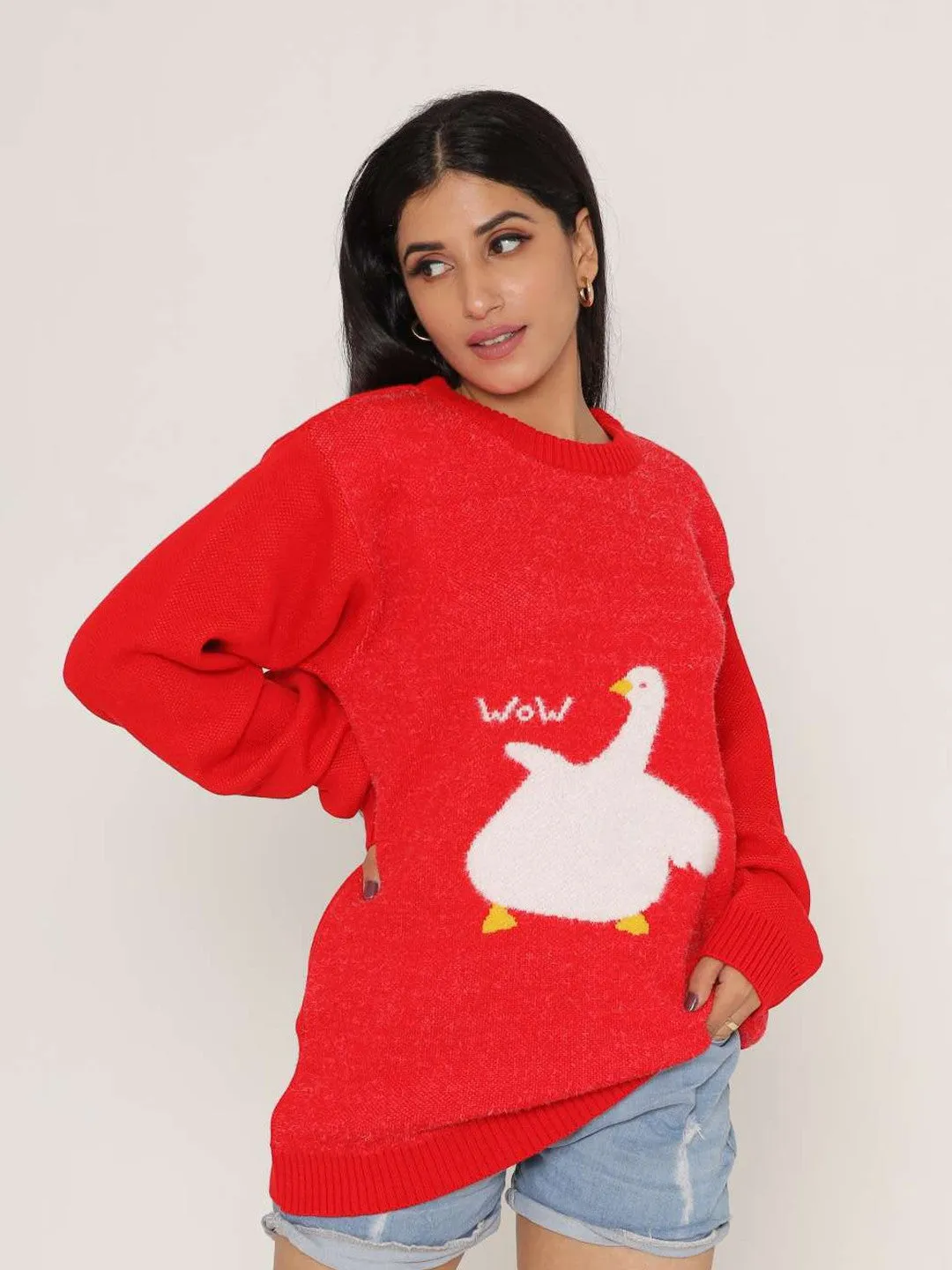 Red Self-Design Wool Pullover
