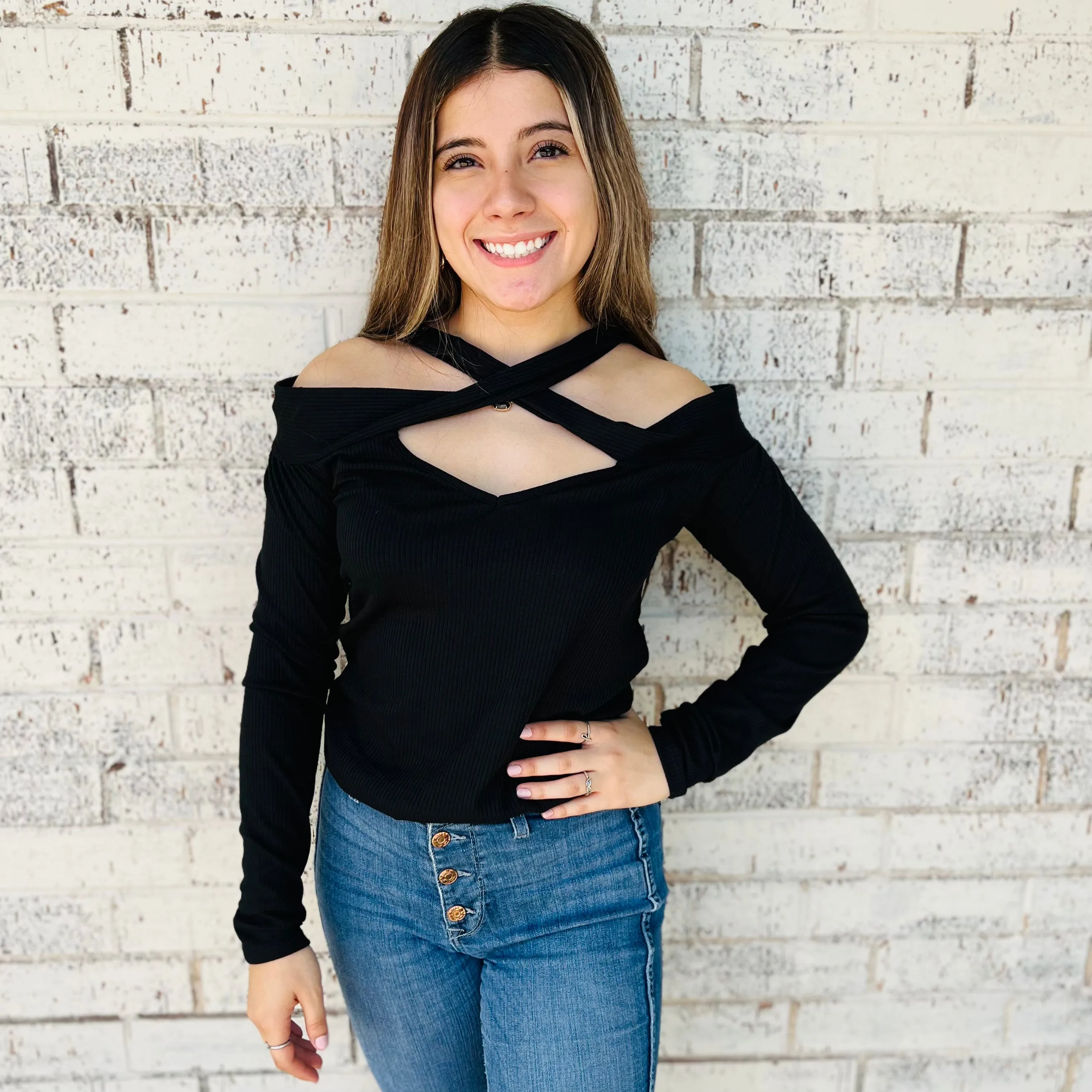 Rib Knit with Front Cut Out and Cross Neck Banded Top*
