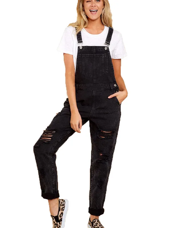Ripped Denim Backpack Shoulder Straps Overall
