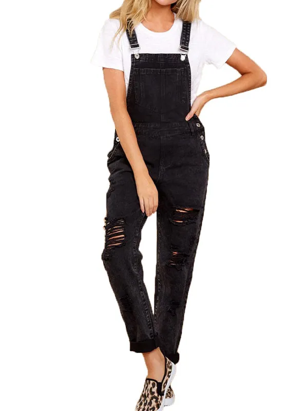 Ripped Denim Backpack Shoulder Straps Overall