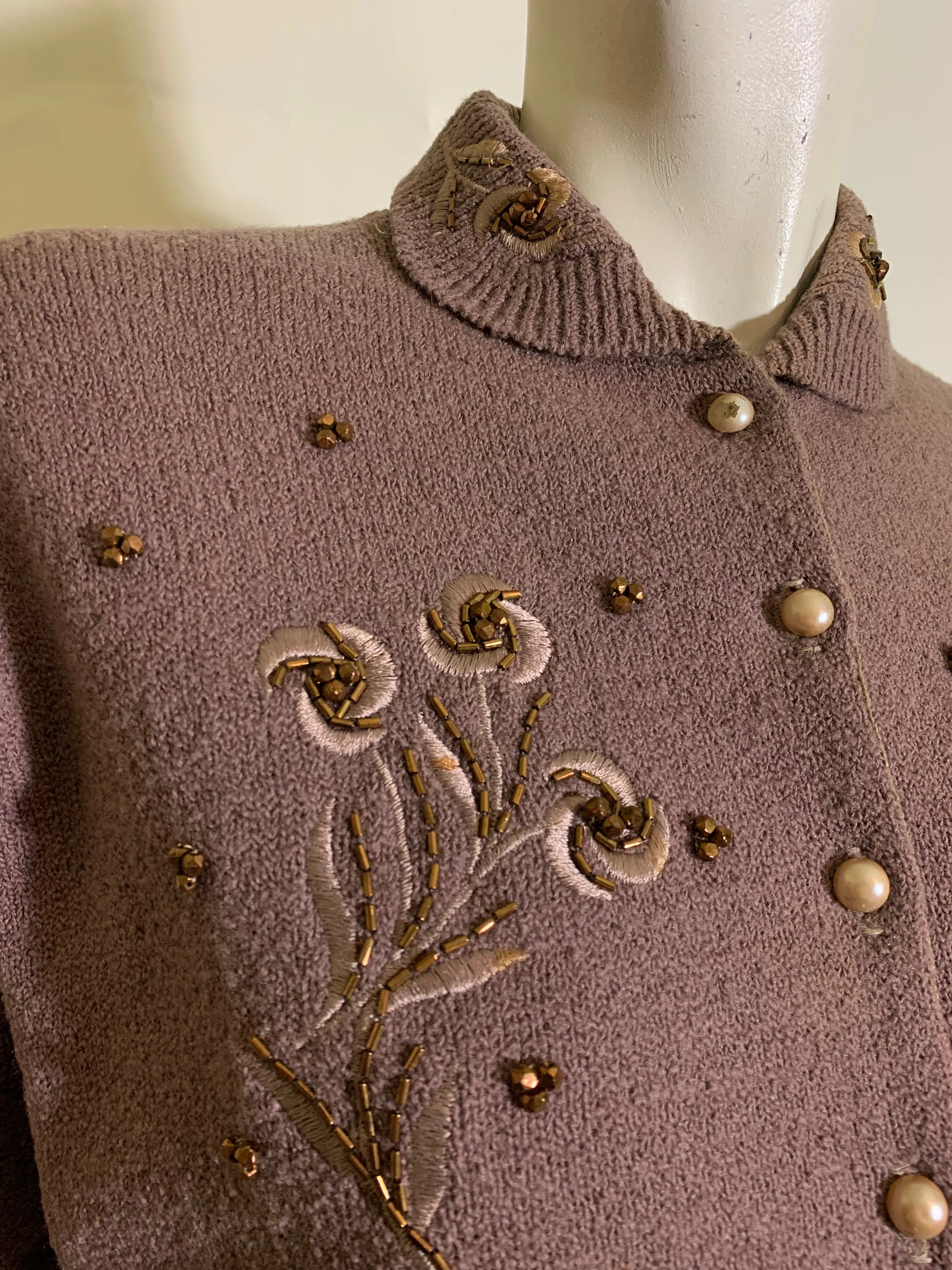 Rosy Brown Boucle Knit Wool 2 Pc Dress Set with Beading and Embroidery circa 1940s