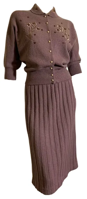 Rosy Brown Boucle Knit Wool 2 Pc Dress Set with Beading and Embroidery circa 1940s