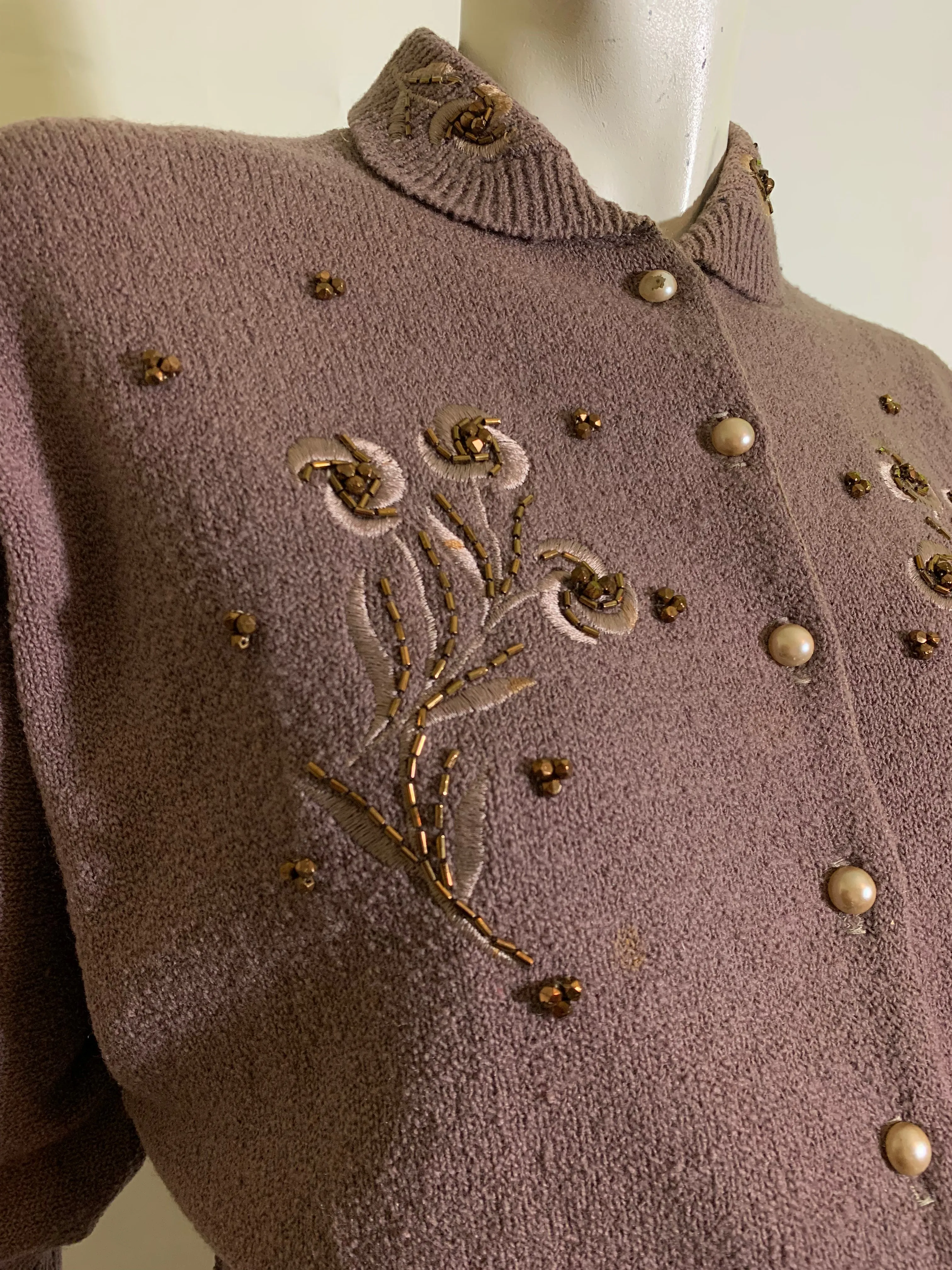 Rosy Brown Boucle Knit Wool 2 Pc Dress Set with Beading and Embroidery circa 1940s