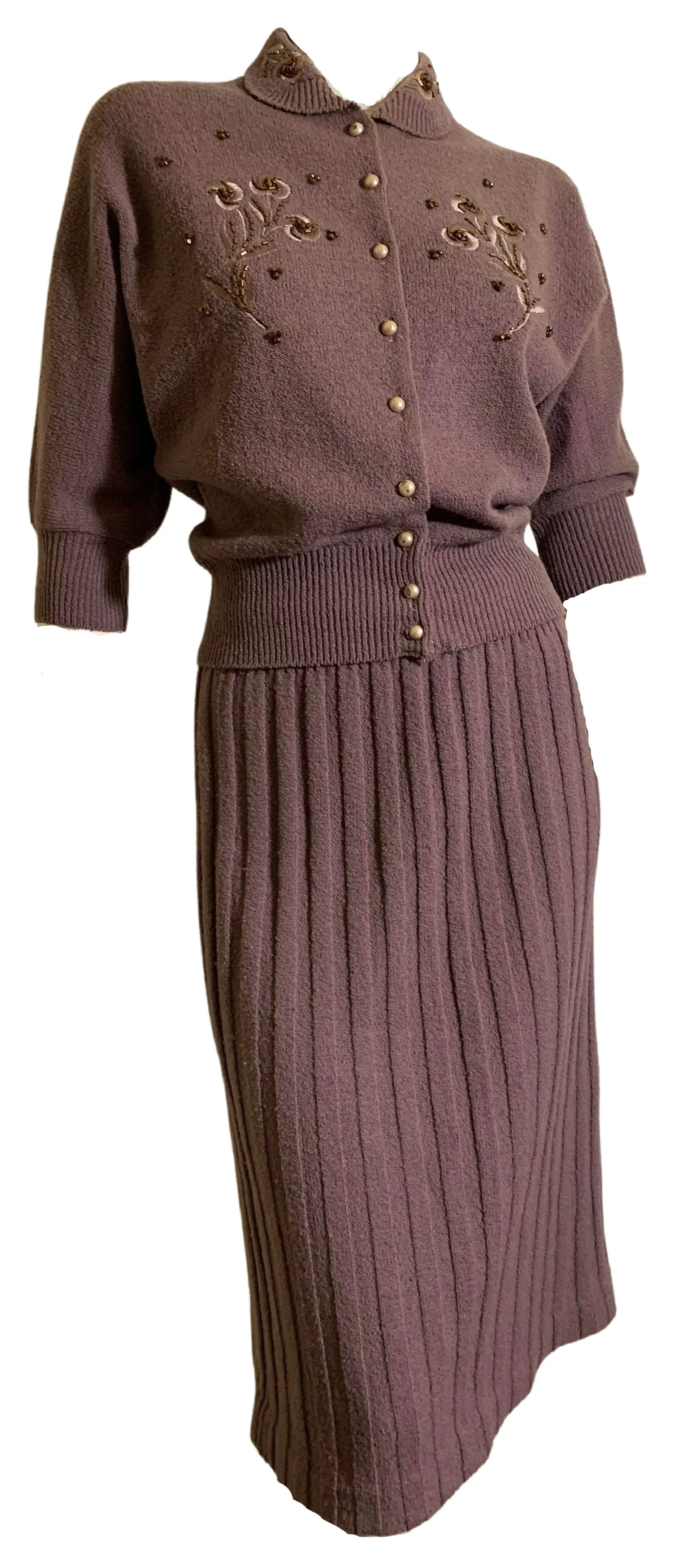 Rosy Brown Boucle Knit Wool 2 Pc Dress Set with Beading and Embroidery circa 1940s