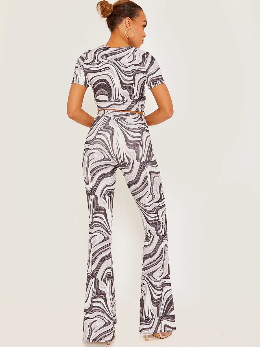 Shayla Marble Print Ribbed Flared Trousers In Grey