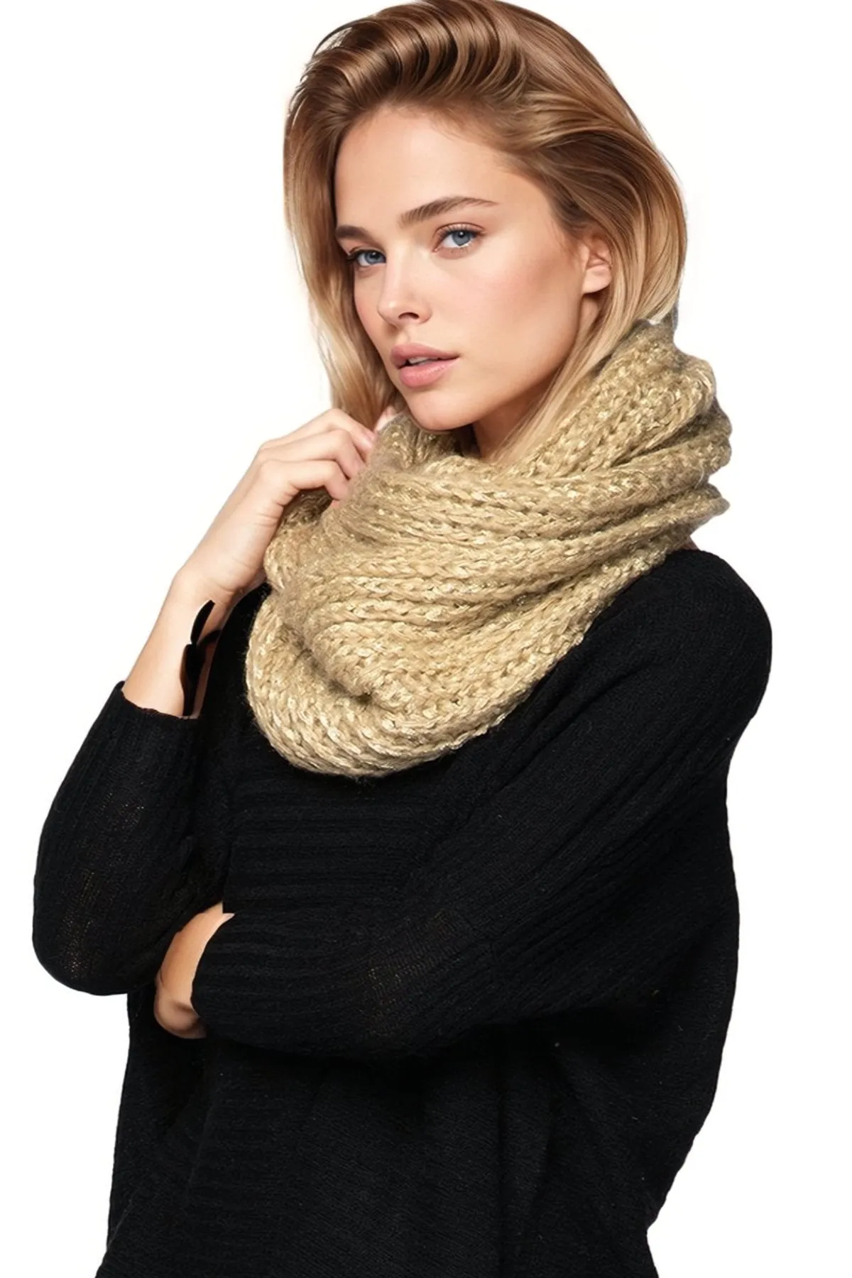 Shimmer Knit Infinity Scarf with Metallic Yarn