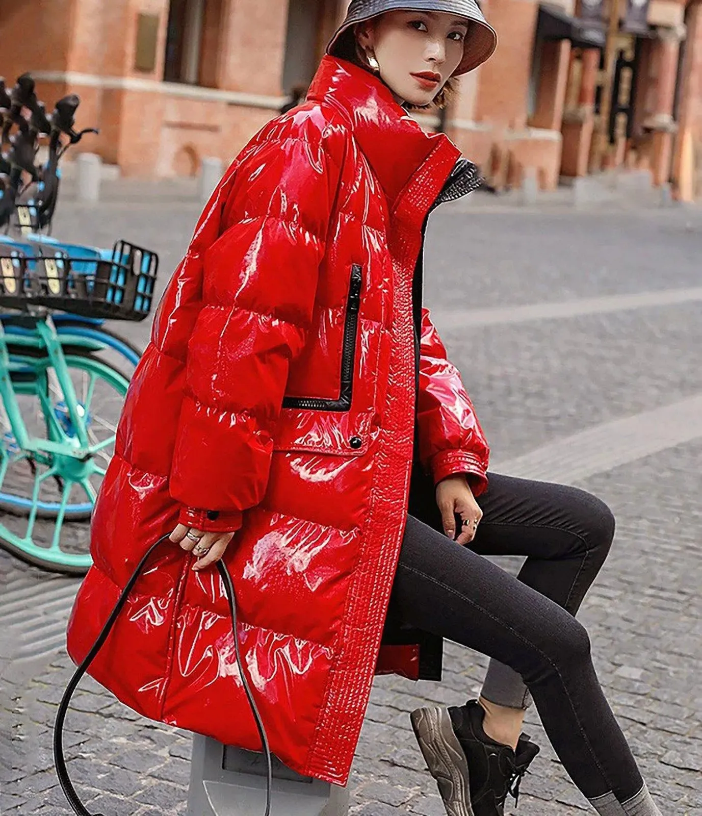 Shiny Stand Collar Thigh Length Down Puffer Coat