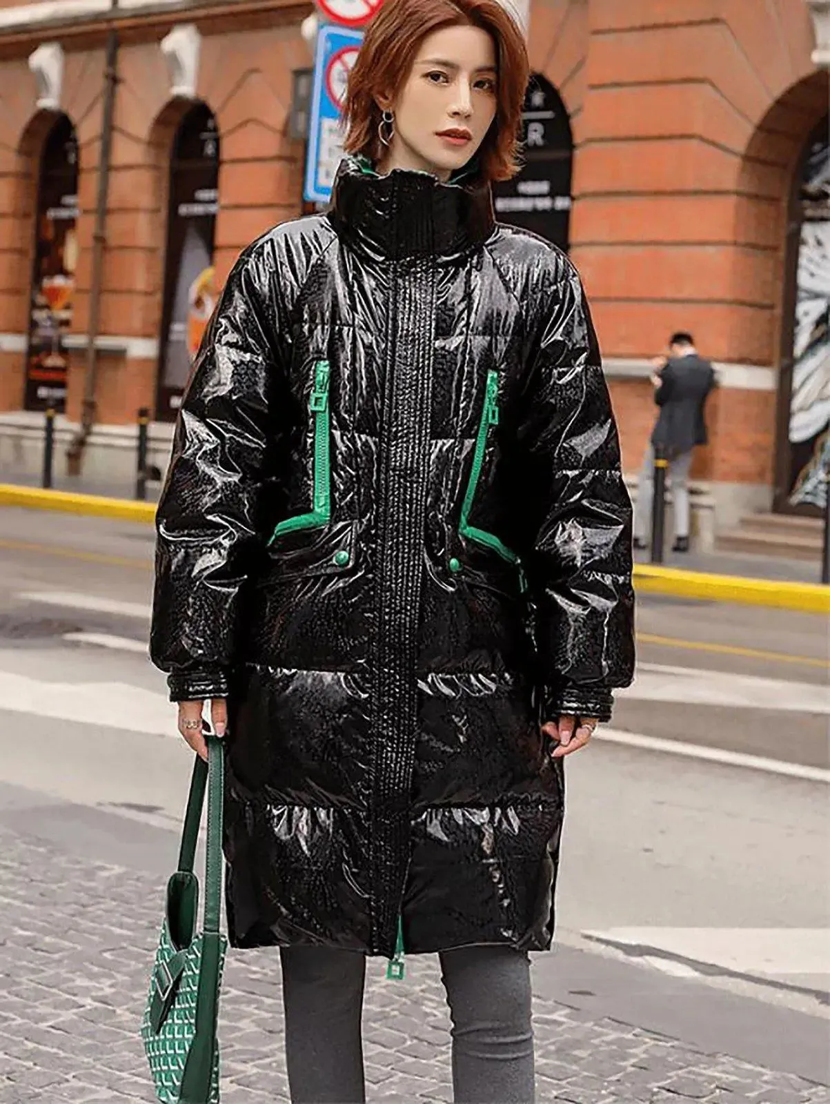 Shiny Stand Collar Thigh Length Down Puffer Coat