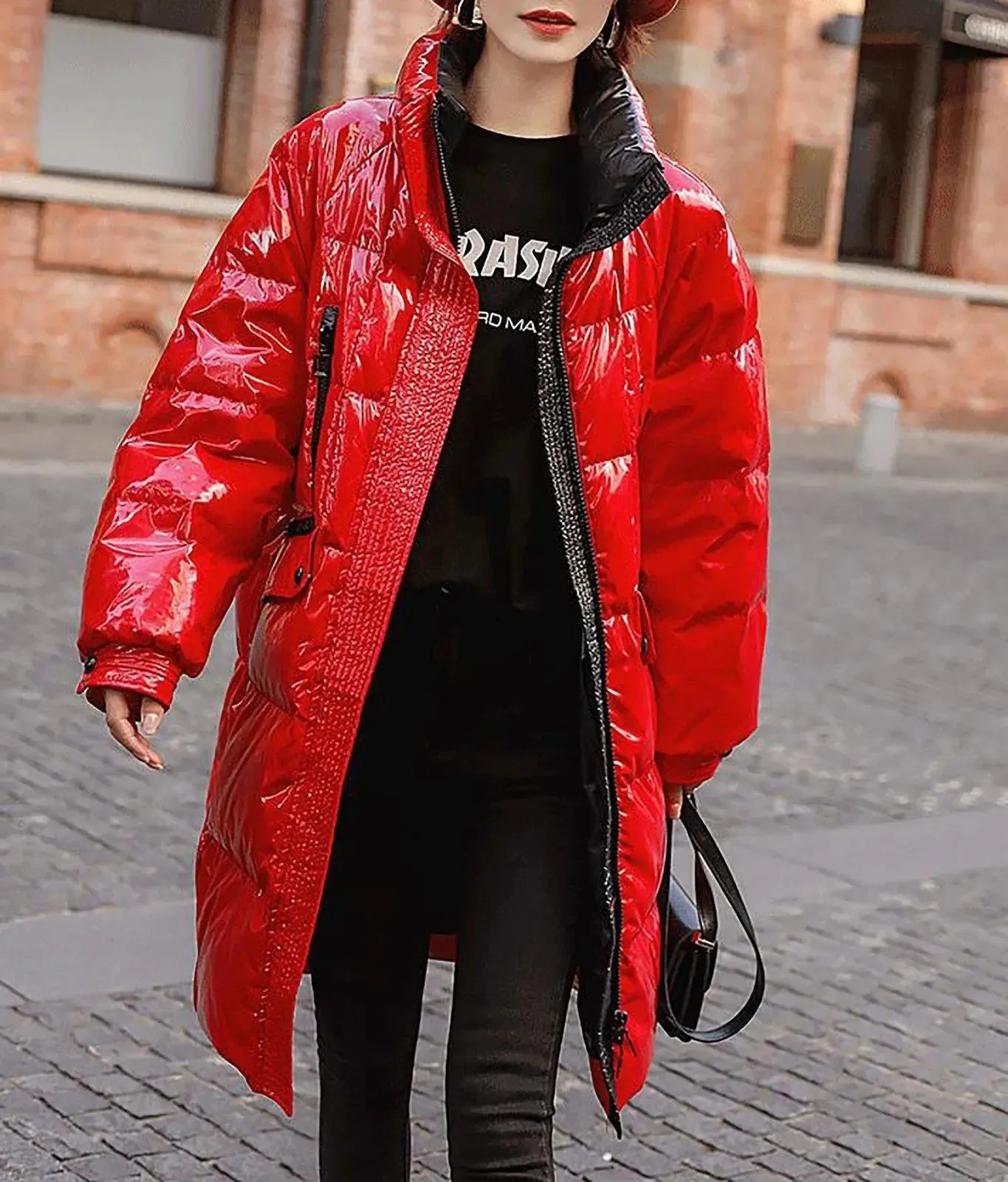 Shiny Stand Collar Thigh Length Down Puffer Coat