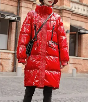 Shiny Stand Collar Thigh Length Down Puffer Coat