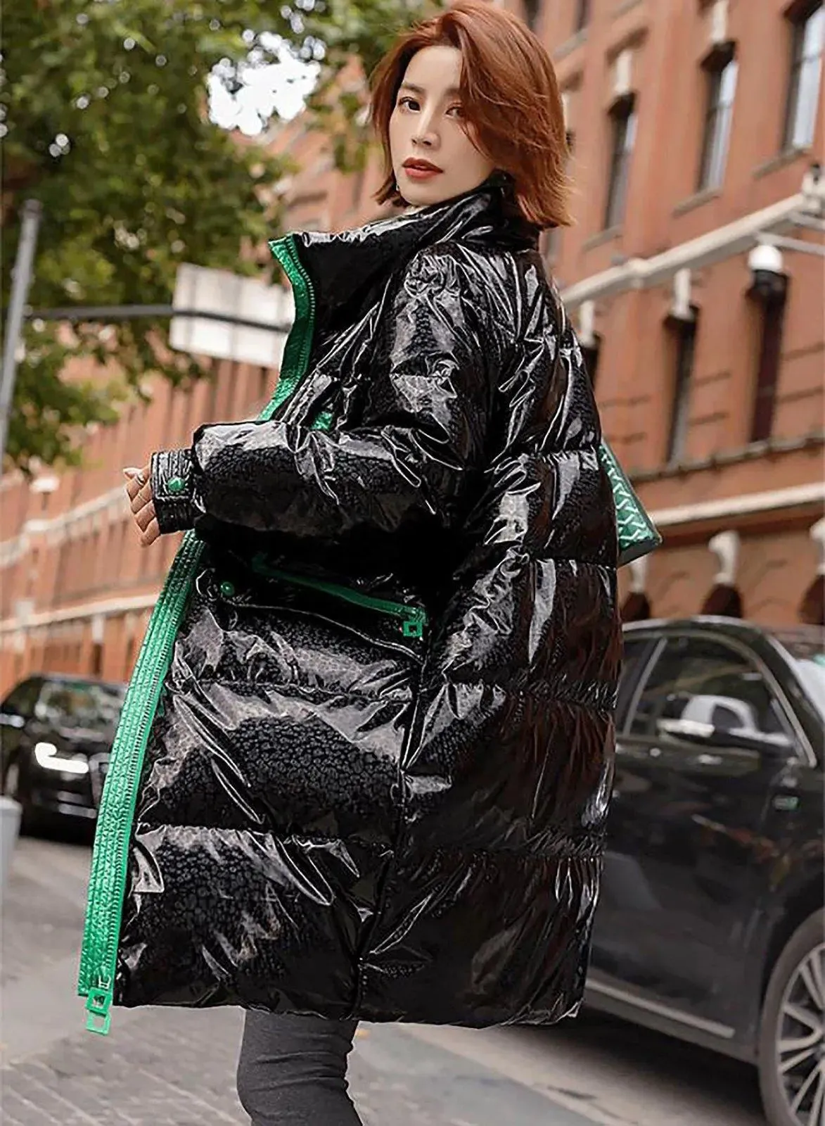 Shiny Stand Collar Thigh Length Down Puffer Coat