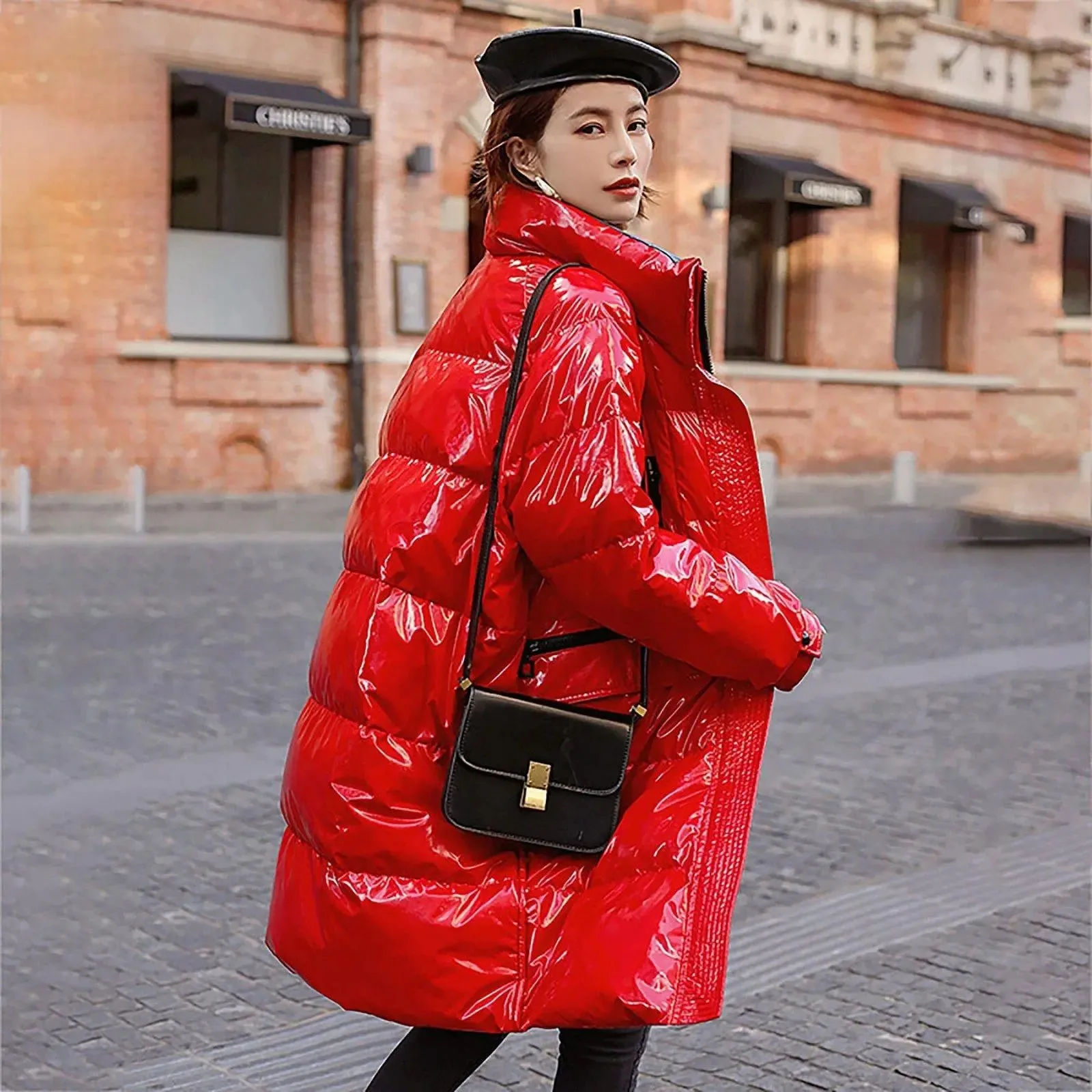 Shiny Stand Collar Thigh Length Down Puffer Coat