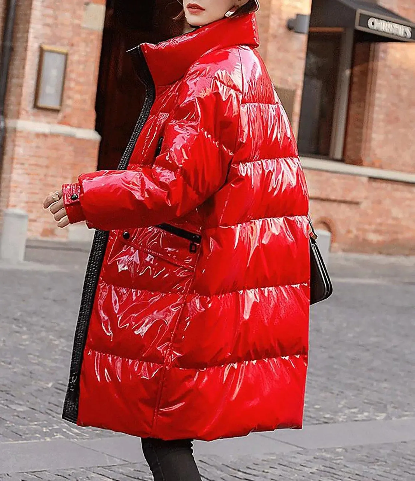Shiny Stand Collar Thigh Length Down Puffer Coat