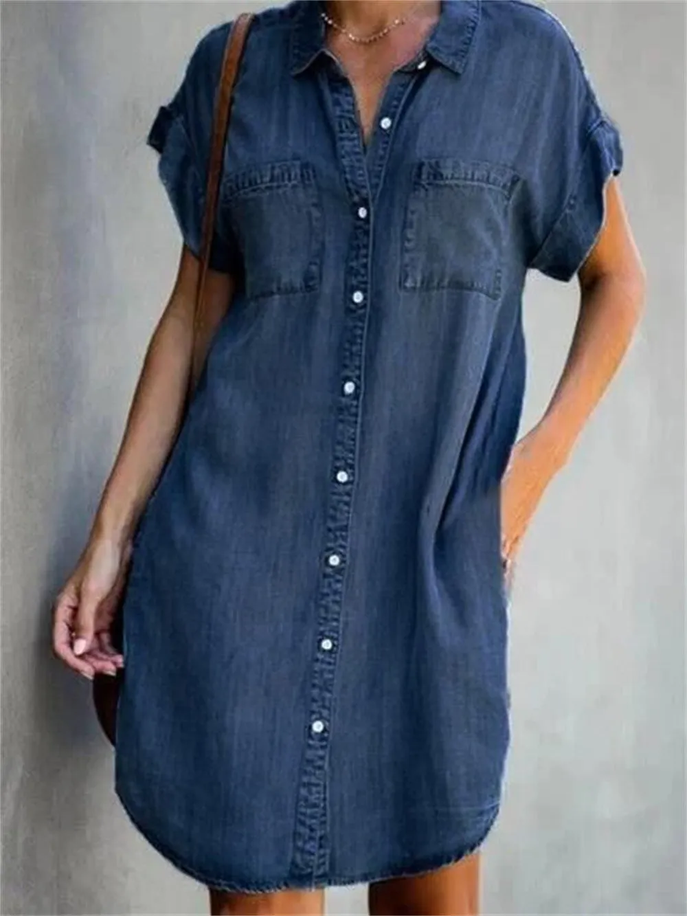 Shirt Dress – Chic Women's Short Sleeve Slim Denim Midi Dress