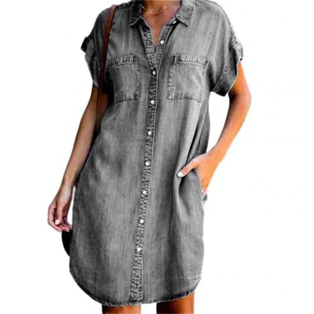 Shirt Dress – Chic Women's Short Sleeve Slim Denim Midi Dress