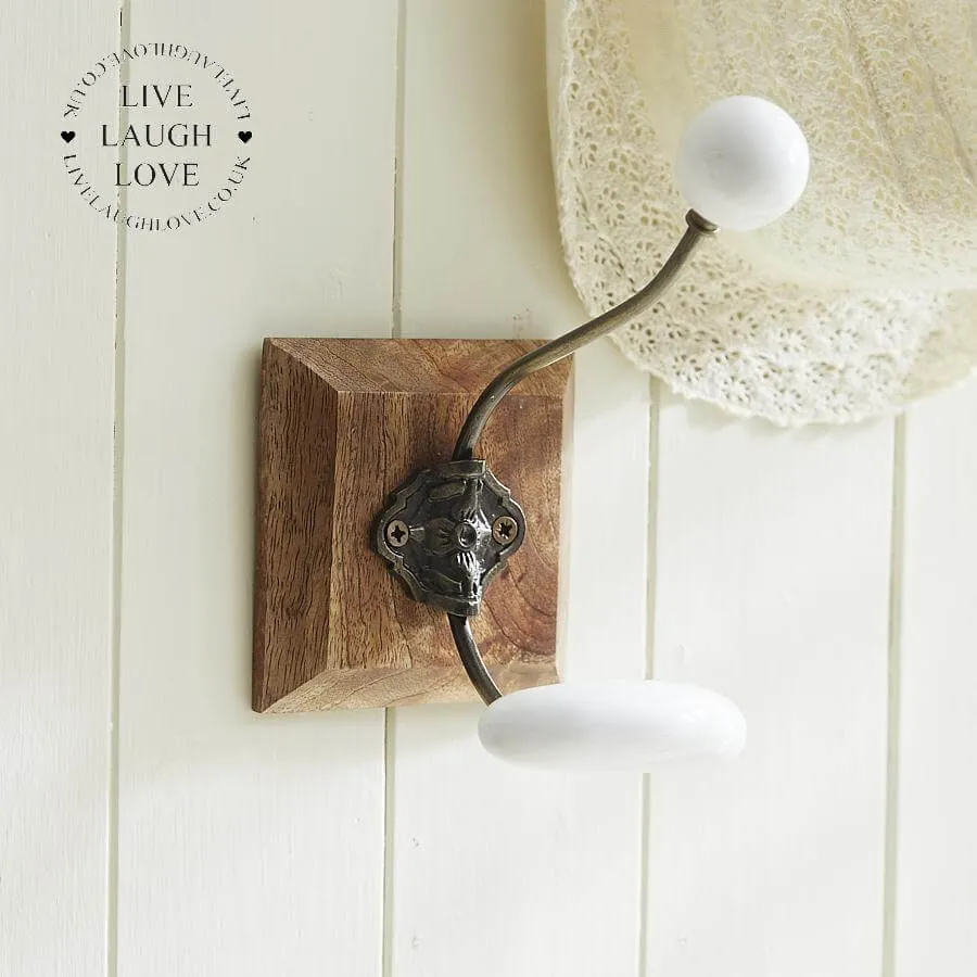 Single White Hook On Wooden Base