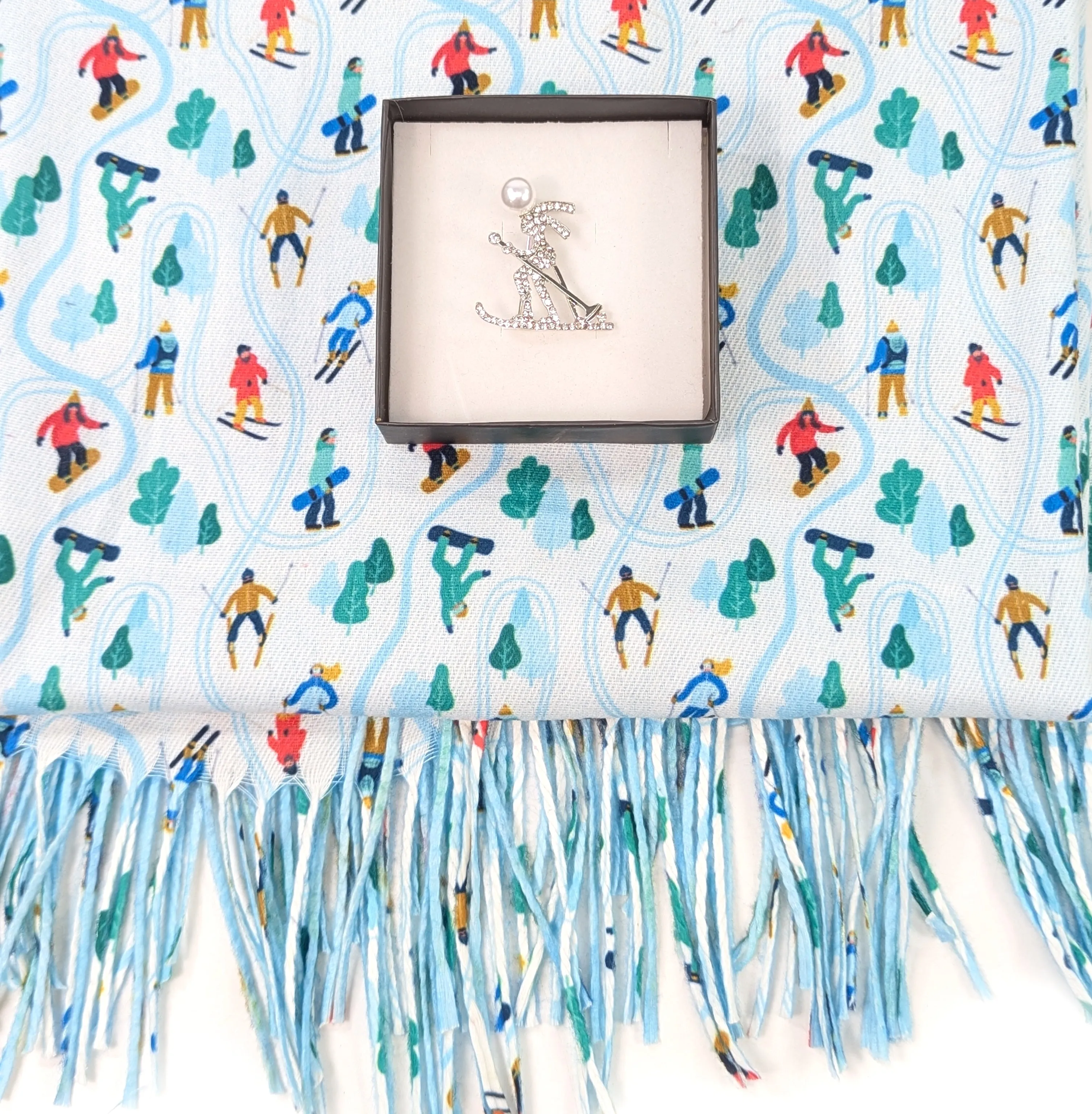 Skiing Gift Set - Skier Pashmina Style Scarf & Brooch