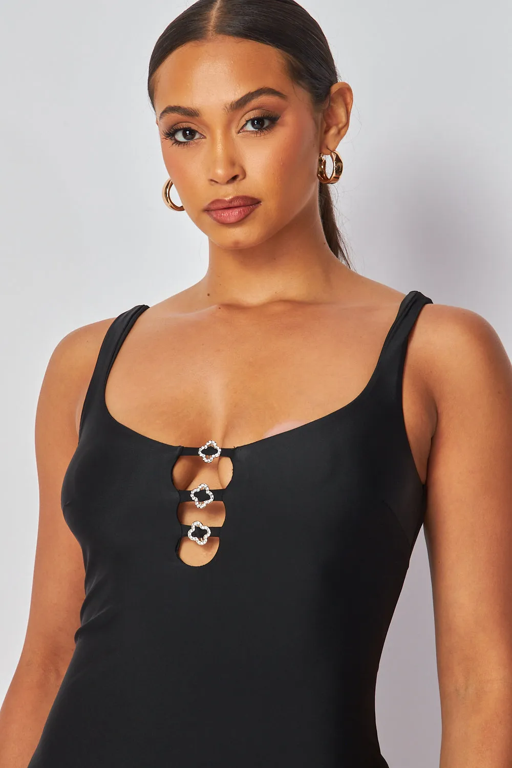 Stay Pretty Open Front Rhinestone Trim Mini Dress